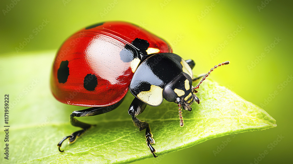 Fototapeta premium red ladybug perched on vibrant green leaf, showcasing nature beauty