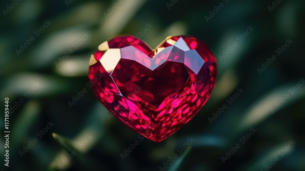 A stunning red heart-shaped diamond sparkles against a lush green backdrop, symbolizing love and passion in a vibrant display of color and elegance. A stunning red heart-shaped diamond sparkles against a lush green backdrop, symbolizing love and passion in a vibrant display of color and elegance.