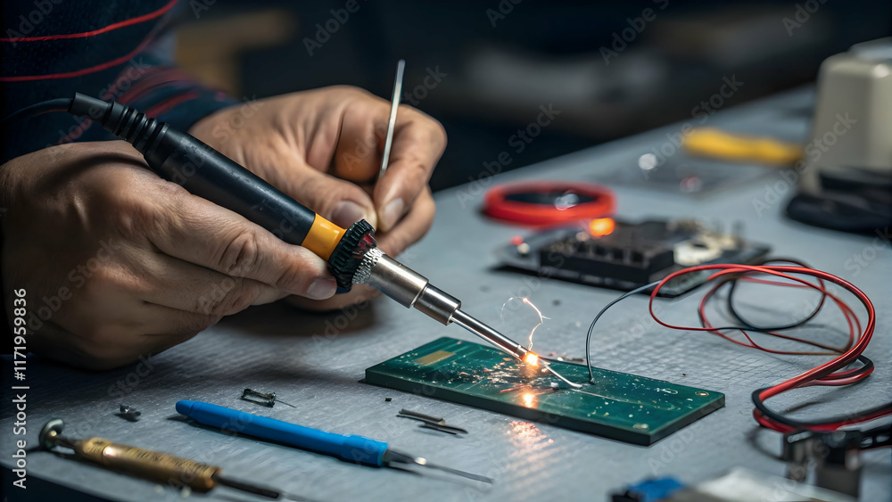 Skilled Technician Soldering Circuit Board with Precision Tools Skilled Technician Soldering Circuit Board with Precision Tools