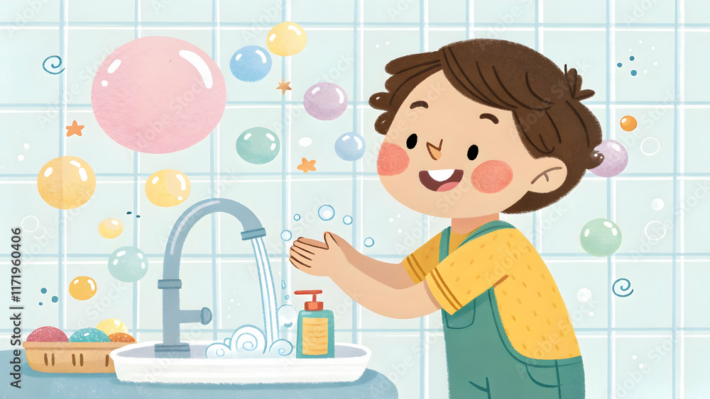 Happy Child Washing Hands with Bubbles at a Sink in Bathroom Happy Child Washing Hands with Bubbles at a Sink in Bathroom