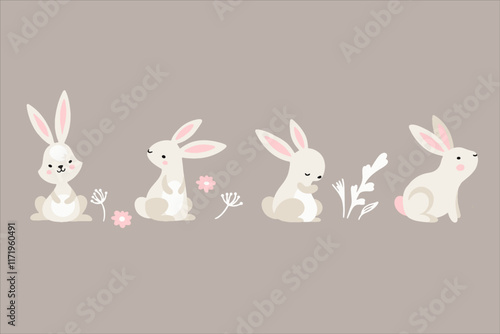 Set of cute Easter characters and elements. Easter bunny, chicks, eggs and flowers. Vector illustration.