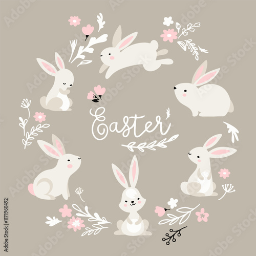 Set of cute Easter characters and elements. Easter bunny, chicks, eggs and flowers. Vector illustration.