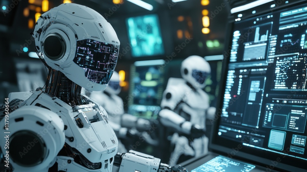 A futuristic scene depicting robots interacting with advanced technology and data displays. A futuristic scene depicting robots interacting with advanced technology and data displays.