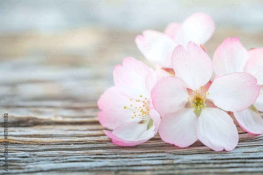 A close up shot of delicate cherry blossom petals resting gently on a wooden surface, showcasing their soft pink and white hues and intricate textures. A close up shot of delicate cherry blossom petals resting gently on a wooden surface, showcasing their soft pink and white hues and intricate textures.