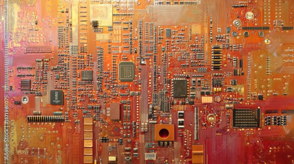 A close-up view of a colorful circuit board showcasing electronic components. A close-up view of a colorful circuit board showcasing electronic components.