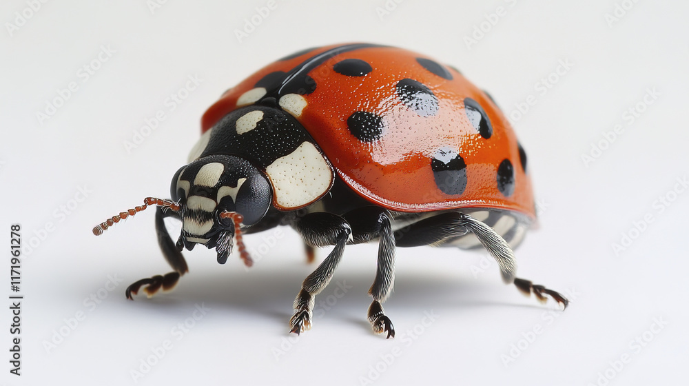 small red ladybug with black spots crawls on white surface, showcasing its vibrant colors small red ladybug with black spots crawls on white surface, showcasing its vibrant colors