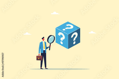 Examining Uncertainty, A Businessman Analyzes Question Mark Dice with a Magnifying Glass