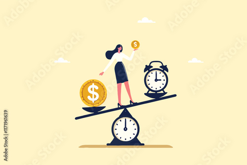 Balancing Act, A Cheerful Businesswoman Weighing Time and Money