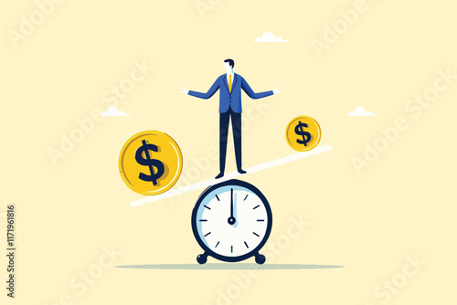 Time and Wealth, A Businessman Weighing Large and Small Coins on a Clock Seesaw
