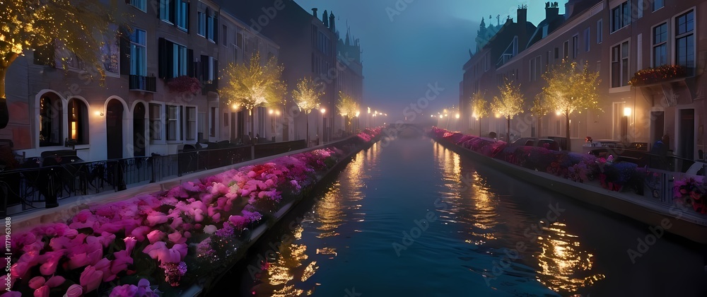 Fototapeta premium Charming canals lined with flowers creating delightful value in stunning views