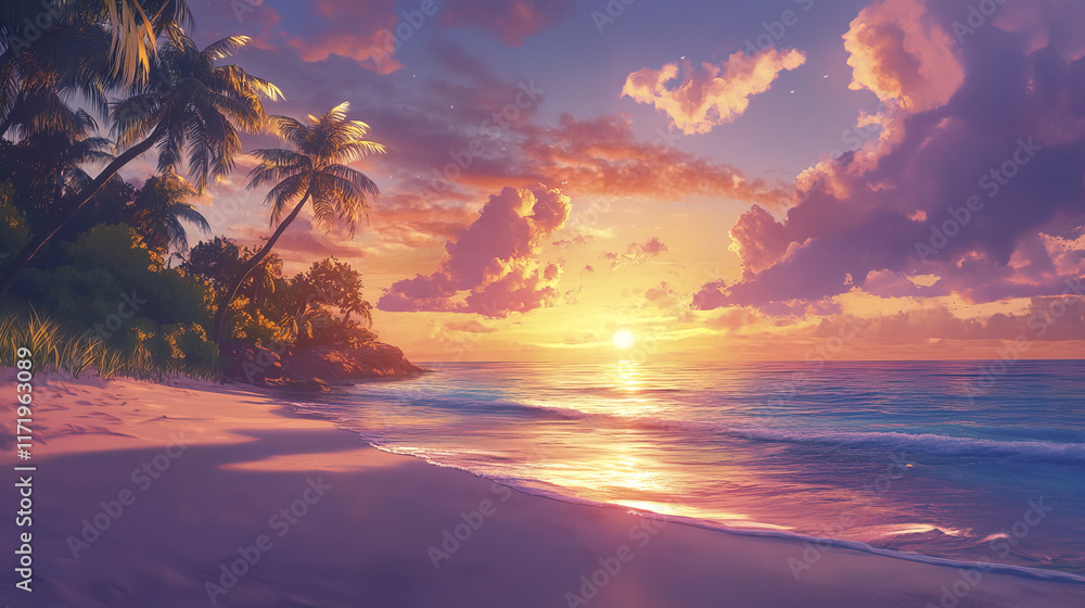 tranquil tropical shoreline at sunset with calm ocean waves tranquil tropical shoreline at sunset with calm ocean waves
