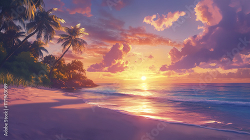 tranquil tropical shoreline at sunset with calm ocean waves
