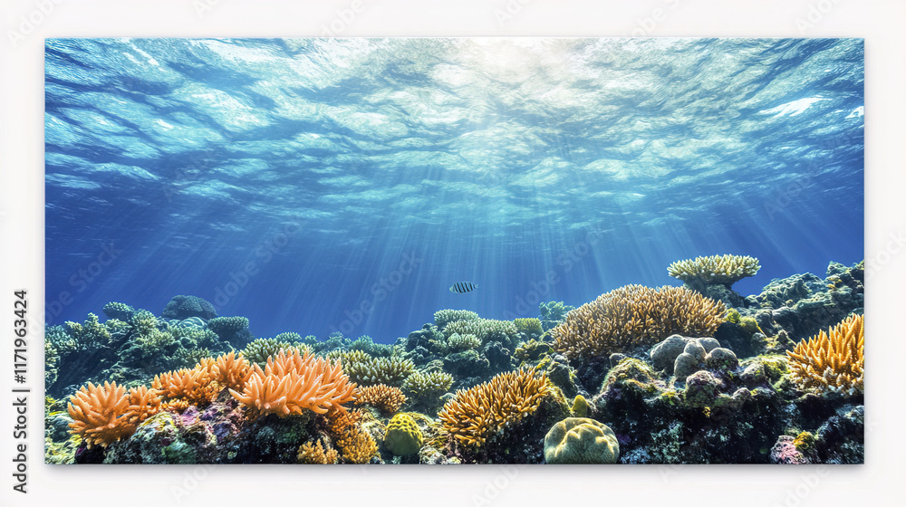 Naklejka premium Vibrant coral reefs under clear blue water with sun rays shining down