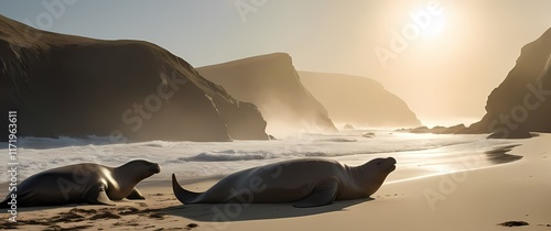 Charming elephant seals basking on sunlit shores with beachy landscapes