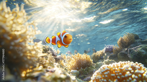 vibrant underwater scene featuring clownfish swimming among coral reefs