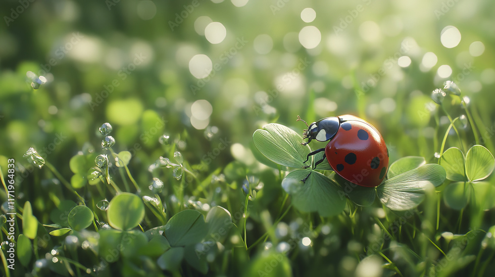 vivid ladybug resting on fresh clover leaf in lush greenery vivid ladybug resting on fresh clover leaf in lush greenery
