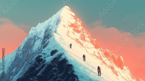 mountain climbers ascending a rocky peak in the Knuckles Mountain Range, Sri Lanka. Use simple, clean lines and abstract shapes, with minimal detail photo