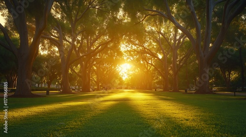 a park path glowing with soft golden light before sunset, surrounded by tall trees casting gentle shadows photo