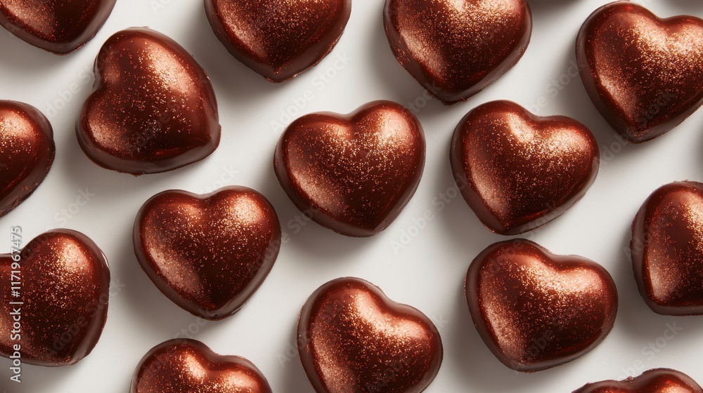 Fototapeta premium Indulge in a delightful array of rich chocolate hearts, beautifully arranged on a pristine white surface, perfect for sharing love on Valentine's Day.