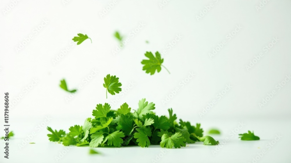 Obraz premium Aromatic Fresh Cilantro Leaves Falling Onto a Pile, Isolated on White Background