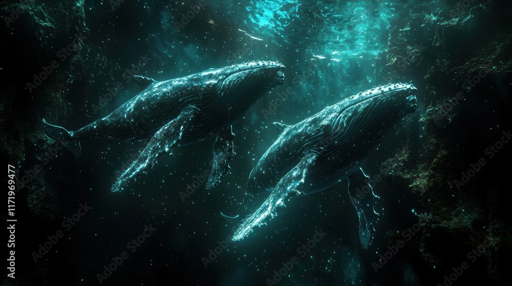 Fototapeta premium Enchanted Ocean: Two Majestic Humpback Whales Gracefully Glide Through Bioluminescent Waters