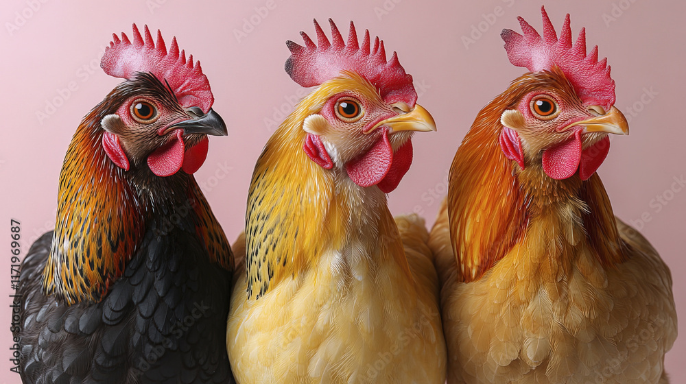 Naklejka premium Chickens with detailed feathers standing closely together, showcasing vibrant colors