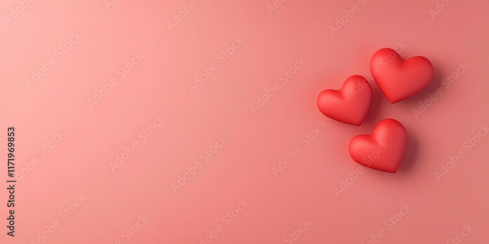 Three vibrant red hearts float gracefully against a soft pink backdrop, inviting love and affection to fill the air this Valentine's Day. Three vibrant red hearts float gracefully against a soft pink backdrop, inviting love and affection to fill the air this Valentine's Day.