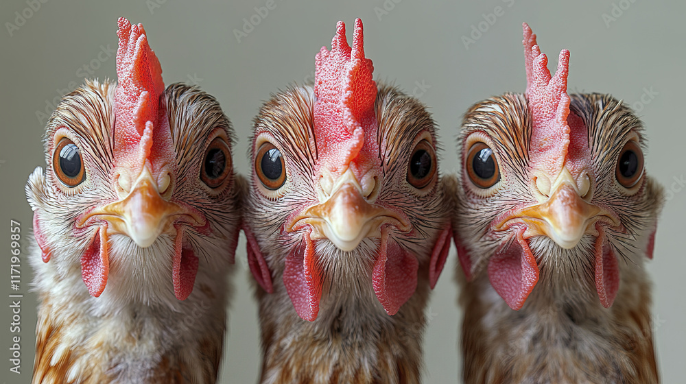 Naklejka premium Three hens with expressive eyes and vibrant feathers, showcasing their unique personalities