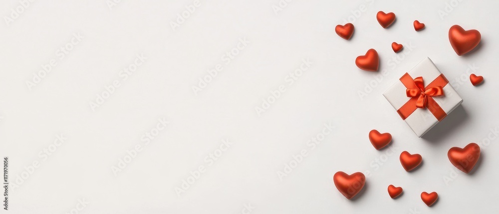 A flurry of vibrant red hearts dances joyfully around a pristine white gift box, celebrating love and affection on this special Valentine's Day. A flurry of vibrant red hearts dances joyfully around a pristine white gift box, celebrating love and affection on this special Valentine's Day.