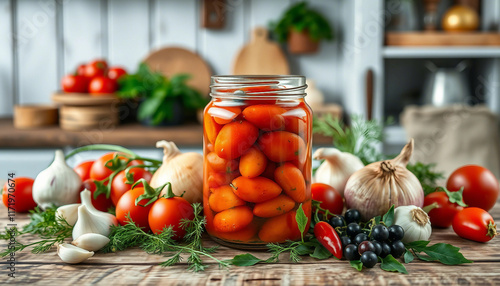 Pickled cherry tomatoes in a glass jar surrounded by fresh vegetables like garlic, onions, and peppers on a wooden table. A vibrant and healthy food preparation arrangement captured with natural ambia photo