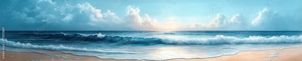 Fototapeta premium Blue Ocean and White Sandy Beach Watercolor Painting Summer Landscape