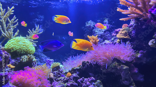 Wallpaper Mural Vibrant tropical fish swim amidst glowing coral reef, creating stunning underwater scene Torontodigital.ca