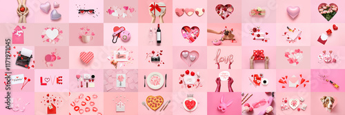 Festive collage for Valentines day on pink background