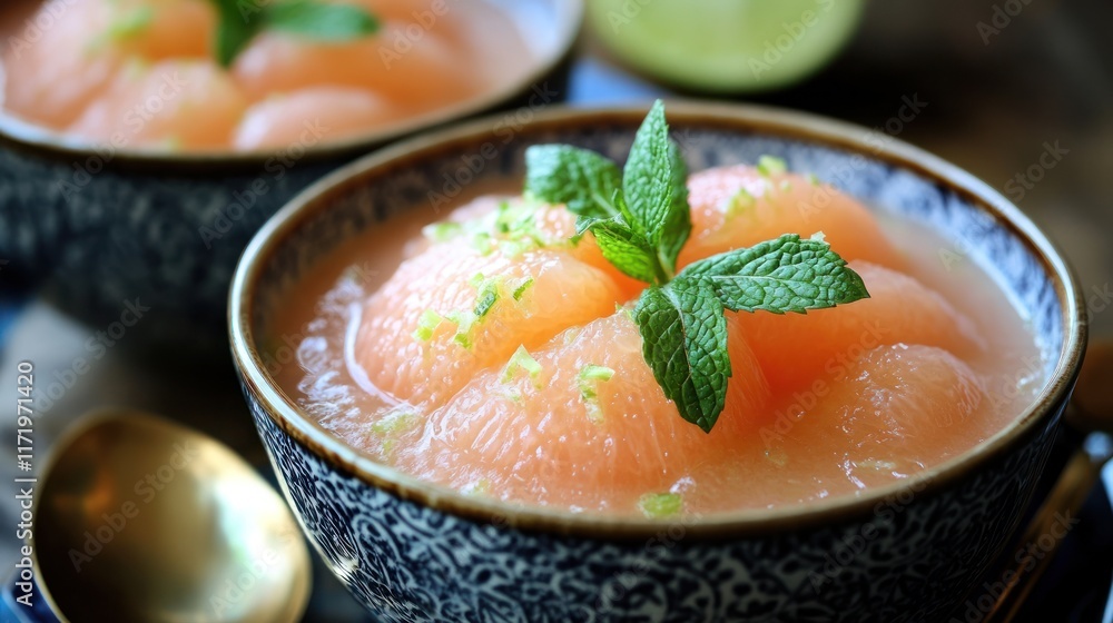 A vibrant bowl of fruit salad topped with mint and lime, perfect for refreshing summer snacks. A vibrant bowl of fruit salad topped with mint and lime, perfect for refreshing summer snacks.