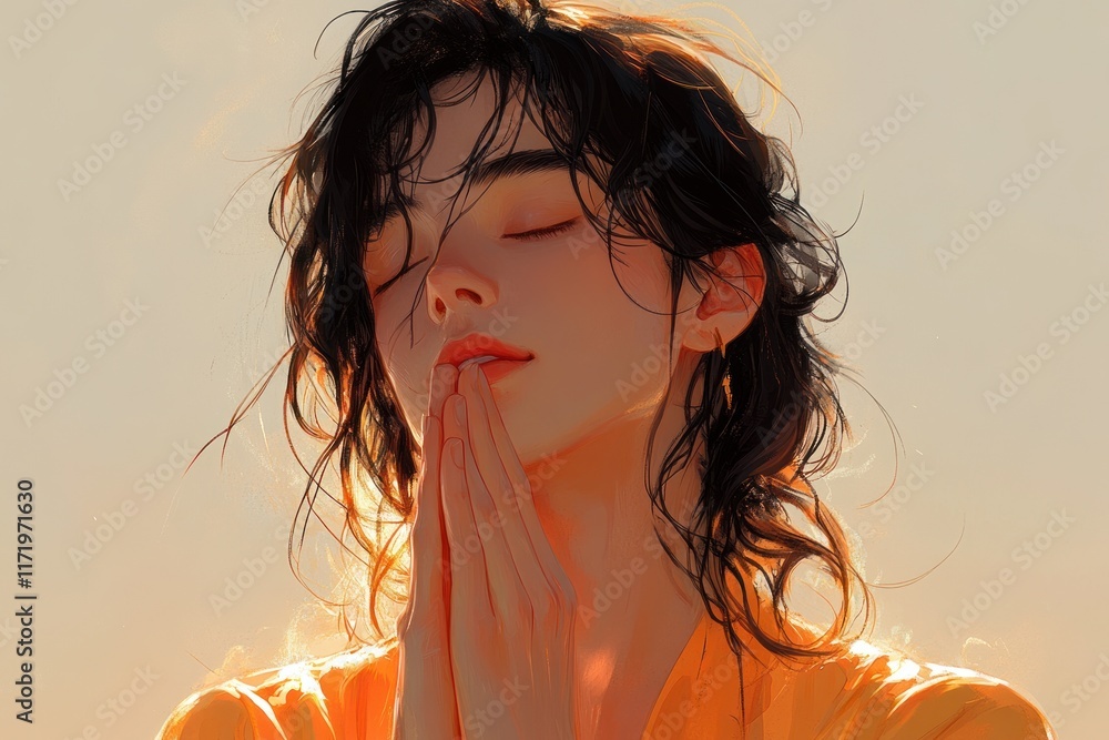 Naklejka premium Thoughtful Young Indian Woman in 3D Style Illustration of Prayer and Reflection on Light Background