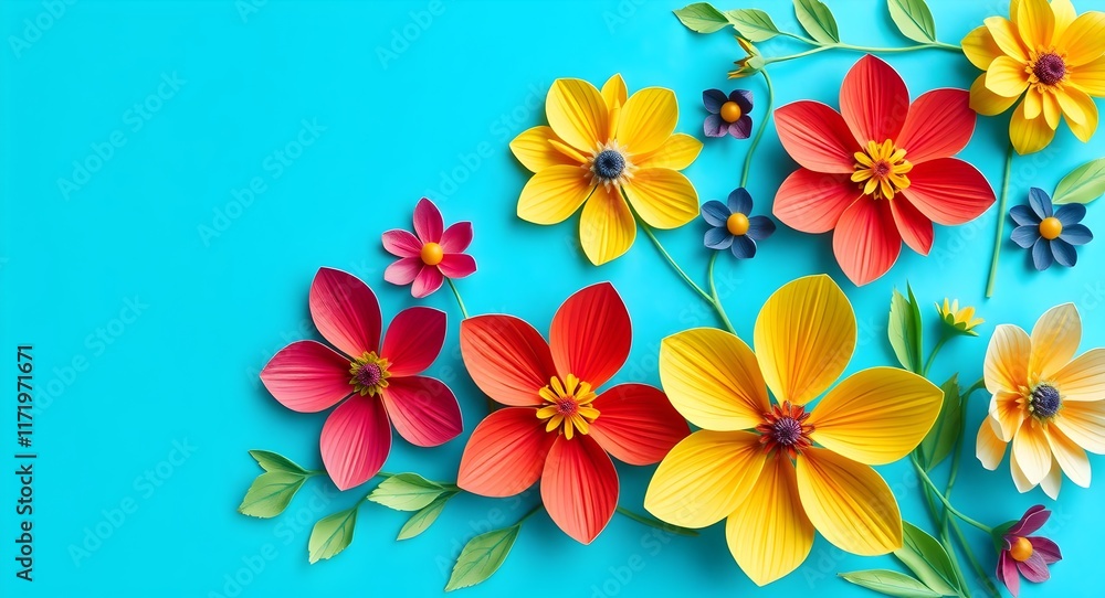 top view of colorful paper cut flowers with green leaves on blue background with copy space, wallpaper top view of colorful paper cut flowers with green leaves on blue background with copy space, wallpaper