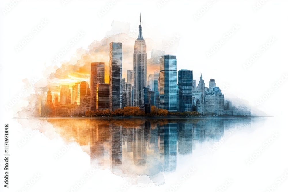 Fototapeta premium A drawing combining images of a bustling city skyline and a sleek modern office interior, symbolizing the seamless integration of business and productivity in achieving success.