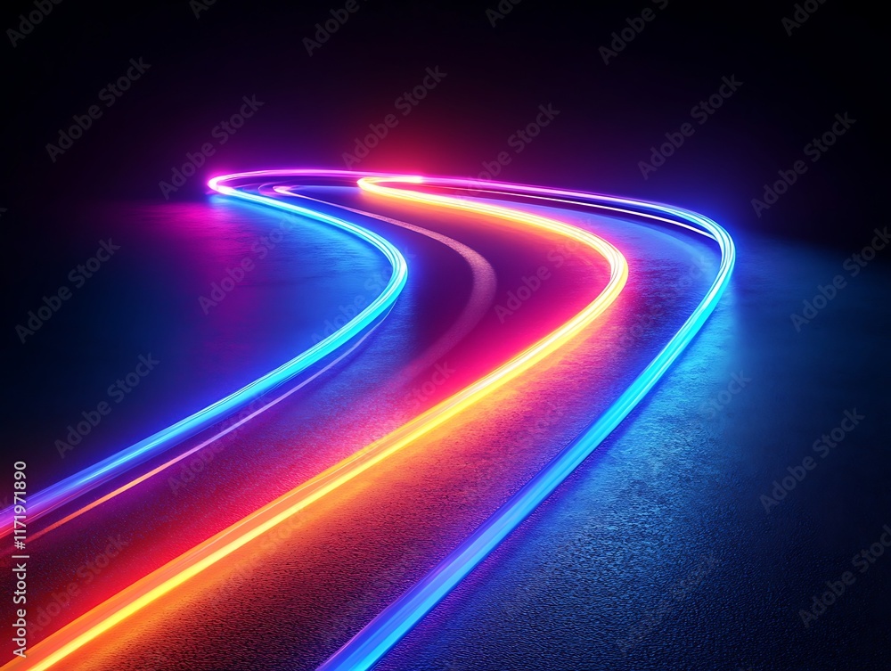 Neon Light Trails Curve Across Dark Surface Neon Light Trails Curve Across Dark Surface