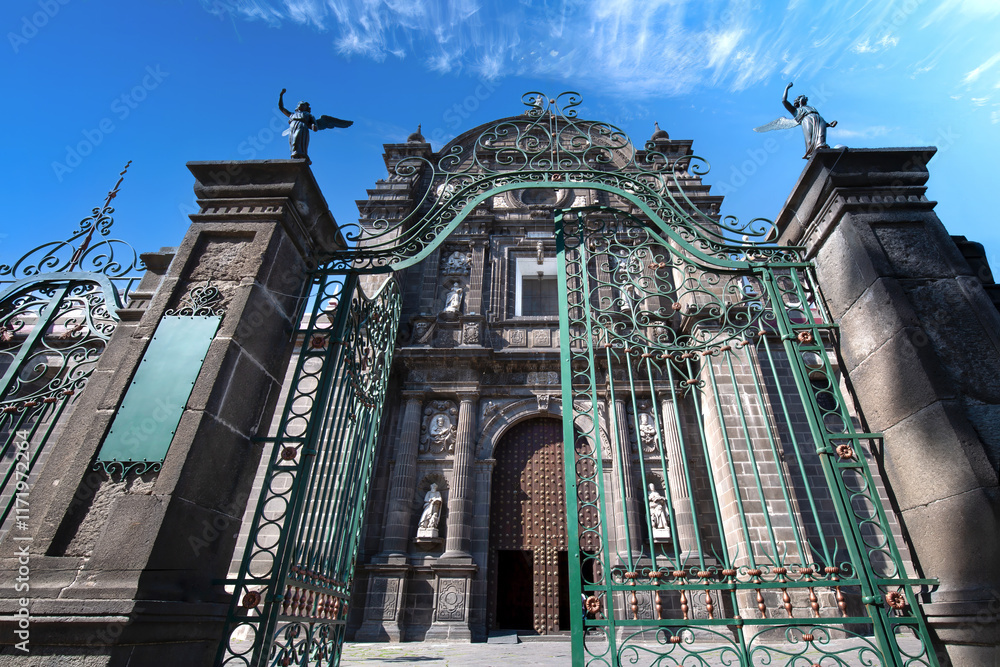 Mexico, Puebla Cathedral on the central Zocalo plaza in historic city center.
