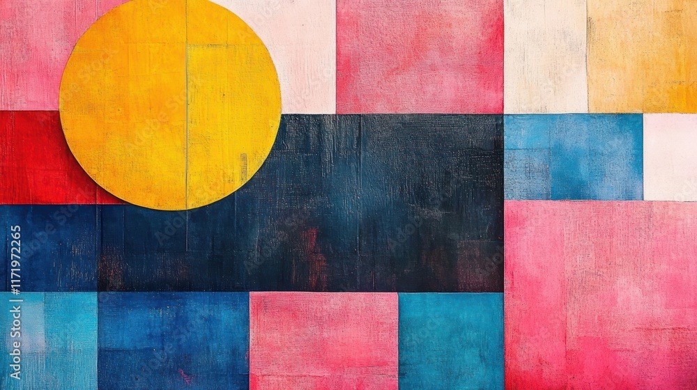 Bold Geometric Abstract Composition with Circles and Rectangles in Vibrant Yellow Pink and Blue Painterly Texture Bold Geometric Abstract Composition with Circles and Rectangles in Vibrant Yellow Pink and Blue Painterly Texture