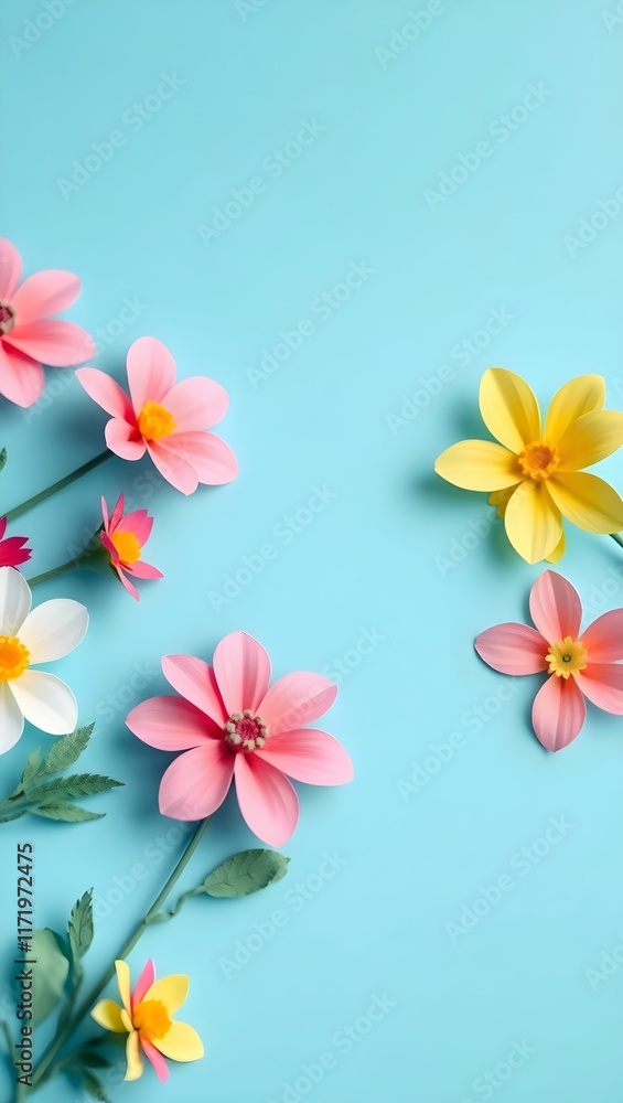 top view of colorful paper cut flowers with green leaves on blue background with copy space, wallpaper top view of colorful paper cut flowers with green leaves on blue background with copy space, wallpaper