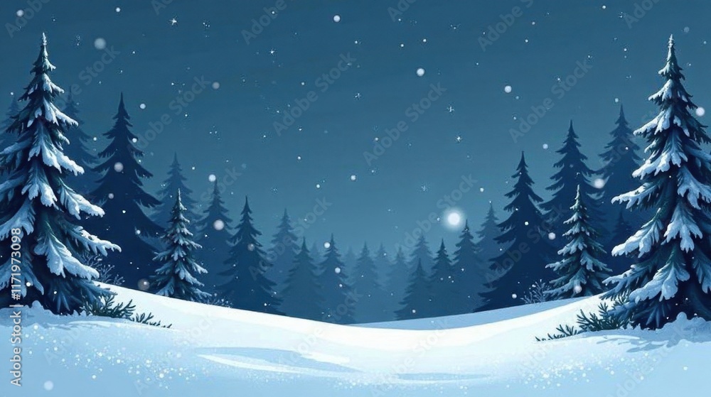 Fototapeta premium Serene Winter Night Scene Snow-Covered Pines and a Starry Sky, Perfect for Holiday or Winter-Themed Projects