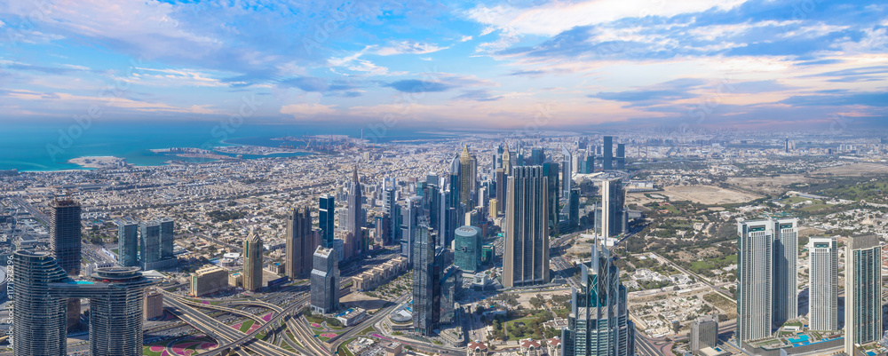 UAE, Dubai panoramic skyline view of city financial downtown and Dubai Mall.