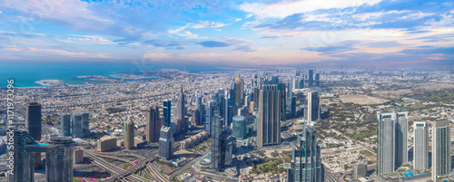 Obraz na płótnie UAE, Dubai panoramic skyline view of city financial downtown and Dubai Mall. w salonie