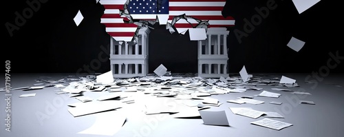 A symbolic representation of a breaking barrier featuring American elements and documents.