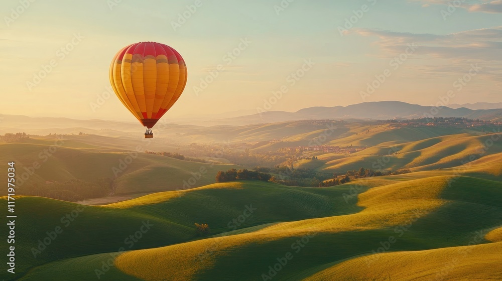 Fototapeta premium Scenic Sunrise Hot Air Balloon Over Serene Rolling Green Hills