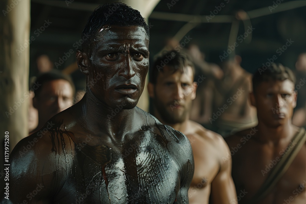 Intense dramatic scene of resilient warriors preparing for battle ancient arena film still dark atmosphere close-up view strength and survival Intense dramatic scene of resilient warriors preparing for battle ancient arena film still dark atmosphere close-up view strength and survival