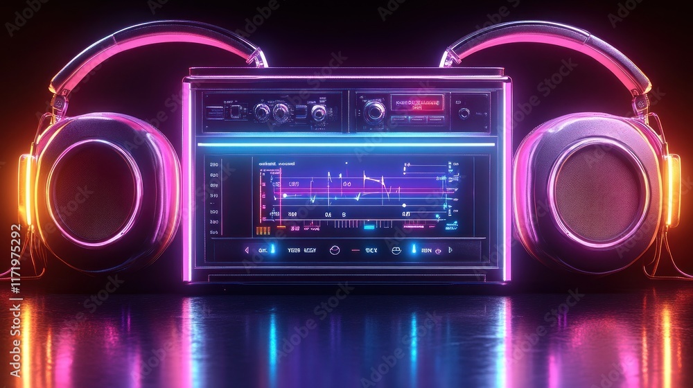 Fototapeta premium Retro futuristic audio equipment with neon glow.