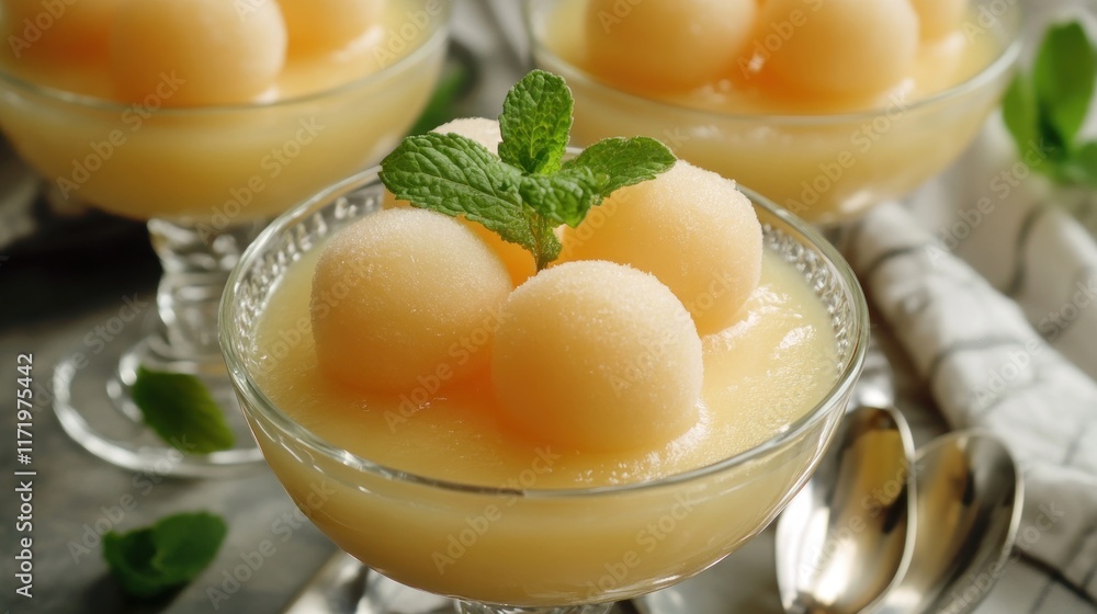 Refreshing dessert featuring melon balls in a sweet sauce, garnished with mint leaves. Refreshing dessert featuring melon balls in a sweet sauce, garnished with mint leaves.