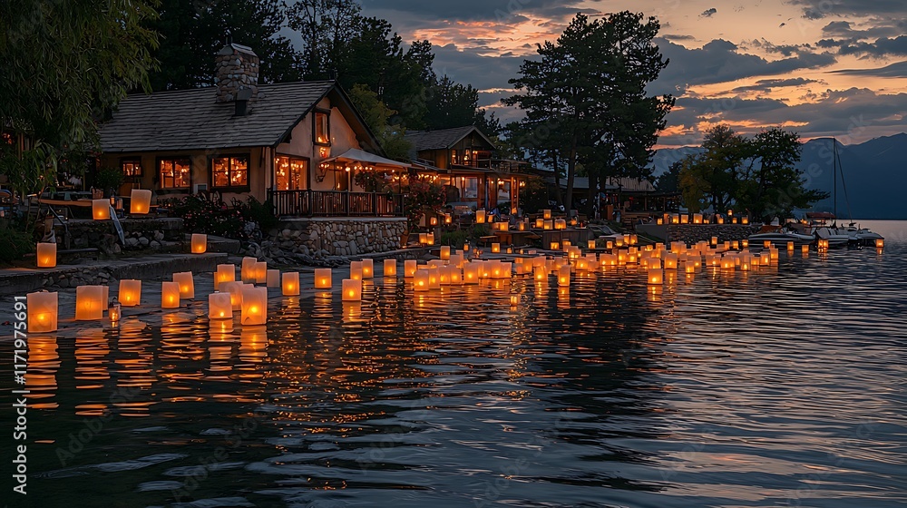 Fototapeta premium Lakeside houses illuminated by floating lanterns at sunset.